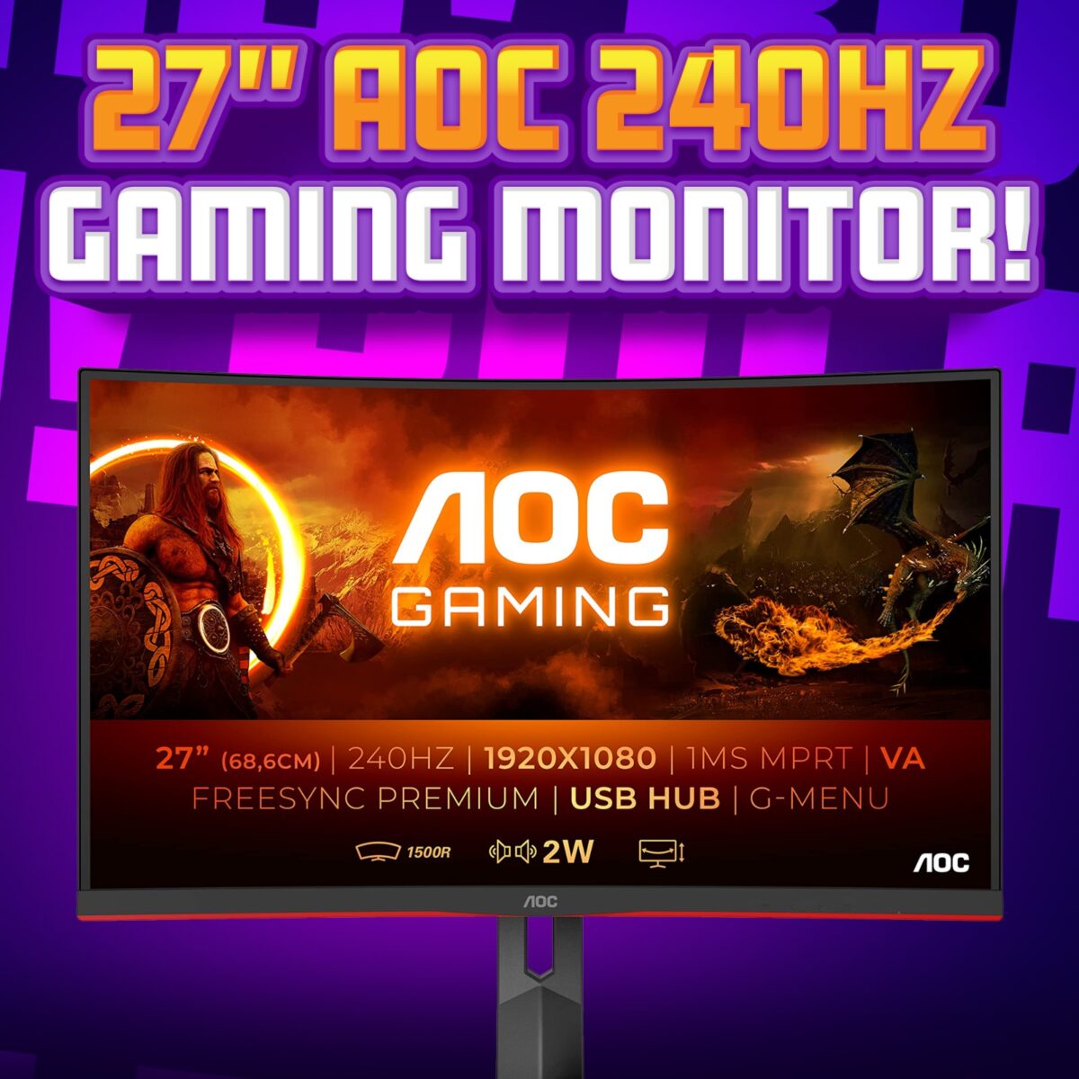 27" AOC 240Hz GAMING MONITOR - AUTO DRAW!